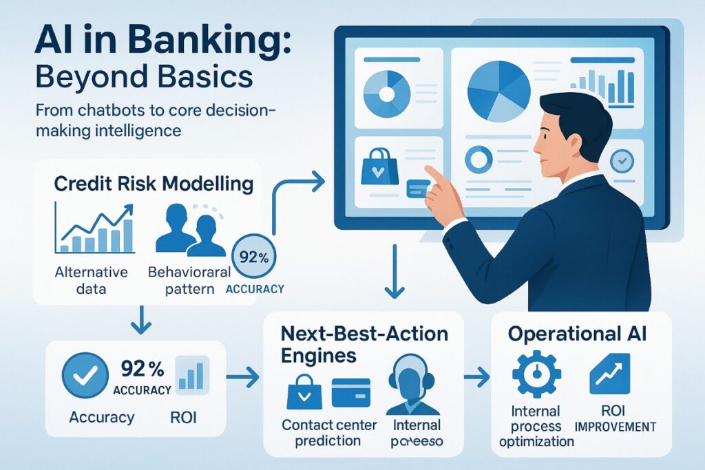 Infographic showing AI integration in banking software development, from chatbots to advanced decision-making systems.