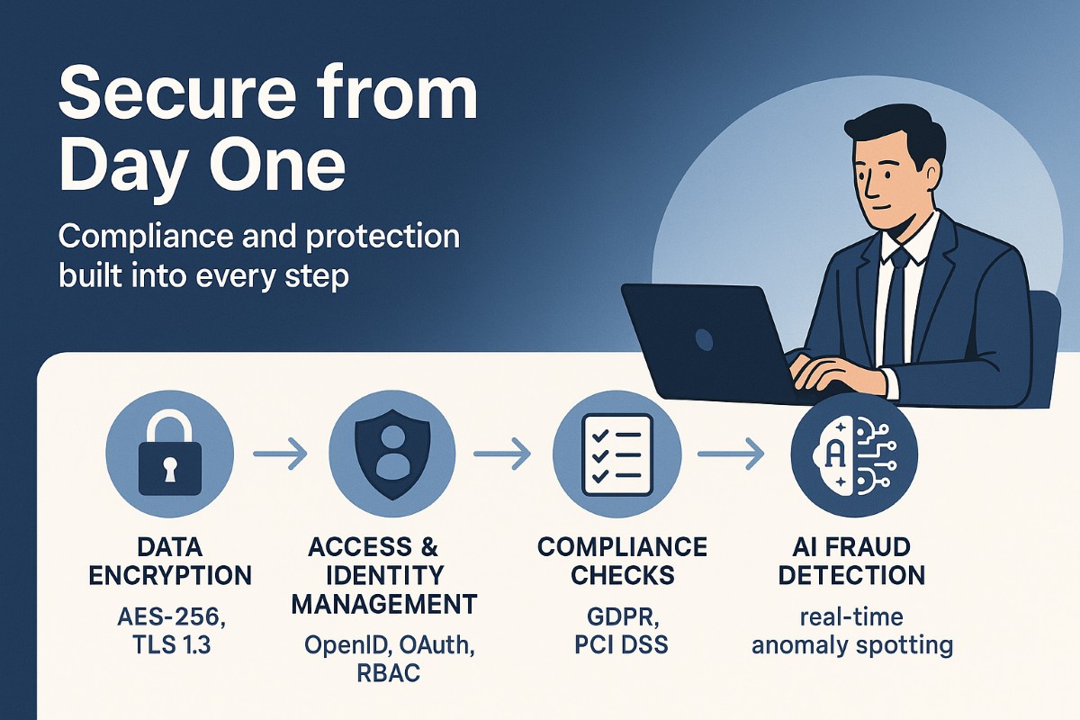 Banking software development with data encryption, identity management, compliance checks, and AI fraud detection