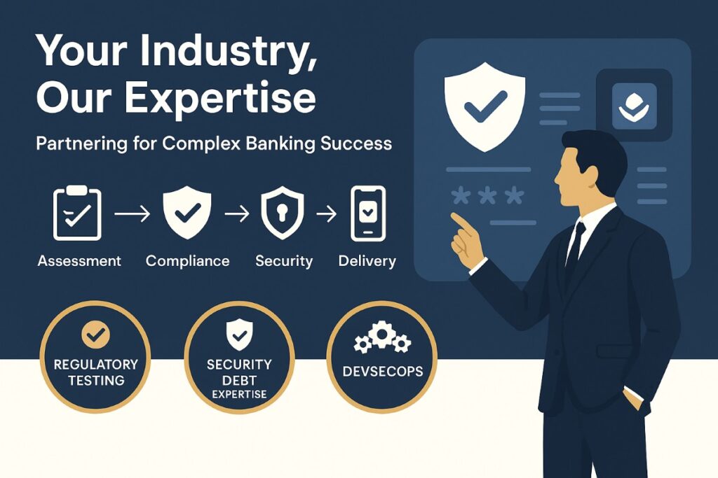 Infographic showing partner selection process for banking software development with workflow, icons, and compliance badges.