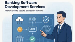 Professional illustration showing banking software development services with developer, security icons, API connections, and compliance badges.