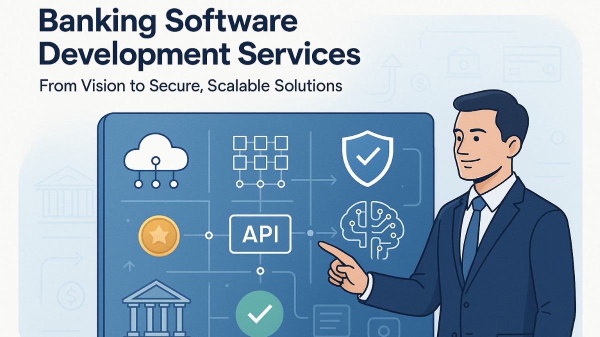 Professional illustration showing banking software development services with developer, security icons, API connections, and compliance badges.
