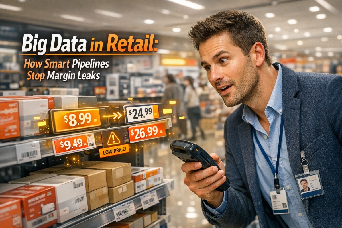 European retail analyst scanning product prices in a store while big data in retail systems monitor pricing, inventory health, and fraud detection in real time.