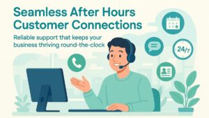 Small business owner using a call answering service with headset, computer, icons of 24/7 support, appointment scheduling, and CRM integration, showing satisfaction.
