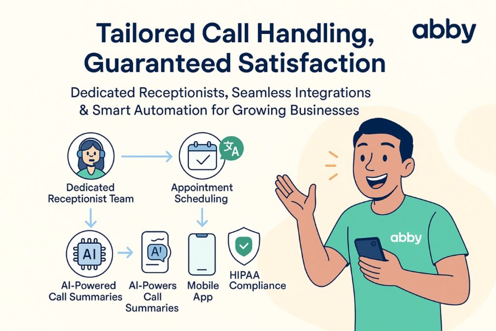 Infographic showing Abby Connect call answering service workflow with dedicated receptionists, appointment scheduling, bilingual support, AI-powered summaries, mobile app, and HIPAA compliance.