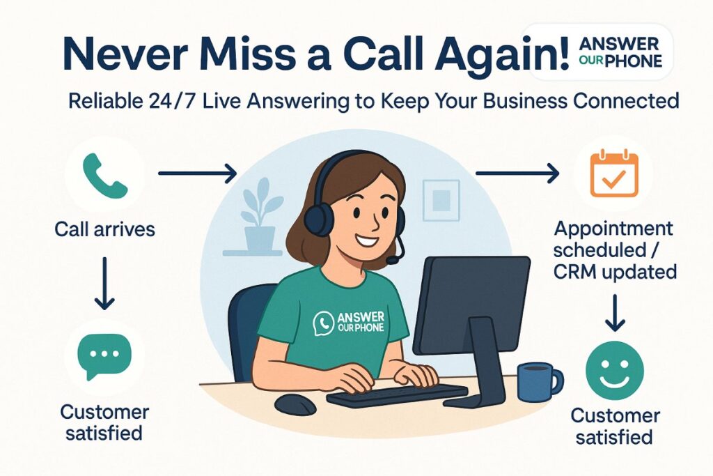 Infographic showing 24/7 Call Answering Service workflow by Answer Our Phone with a happy receptionist managing calls, scheduling appointments, and updating CRM from home.