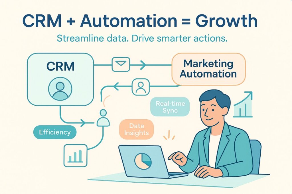 Infographic showing a seamless workflow between CRM and marketing automation tools with icons, workflow arrows, and an active professional user.