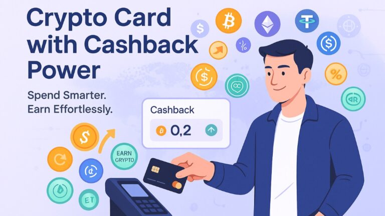 Illustration of a user using a crypto card with cashback at a point-of-sale terminal, with crypto icons and cashback rewards around them.