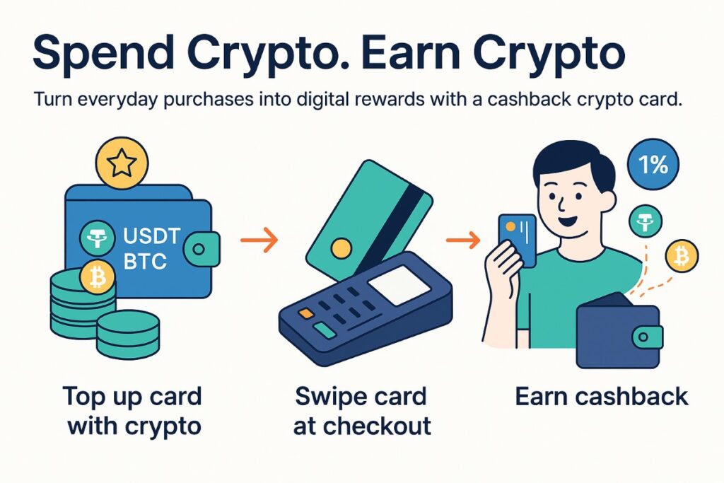 Infographic showing how a crypto card with cashback works, from topping up with crypto to earning rewards.