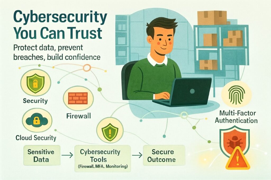 Infographic showing cybersecurity IT support for wholesale businesses with shield, firewall, cloud security, and employee using laptop confidently