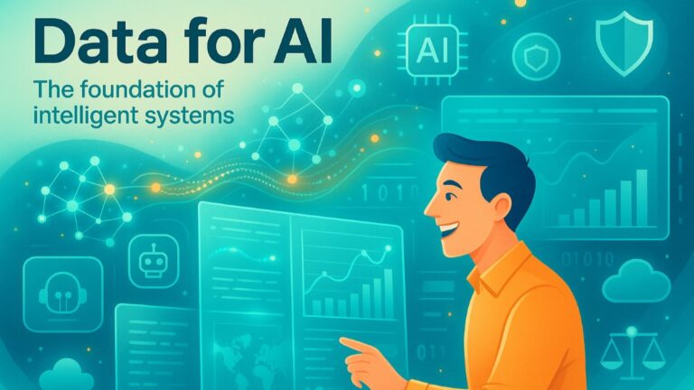 Illustration of a professional working with digital screens, data visualizations, and AI icons, showing how data powers artificial intelligence systems.
