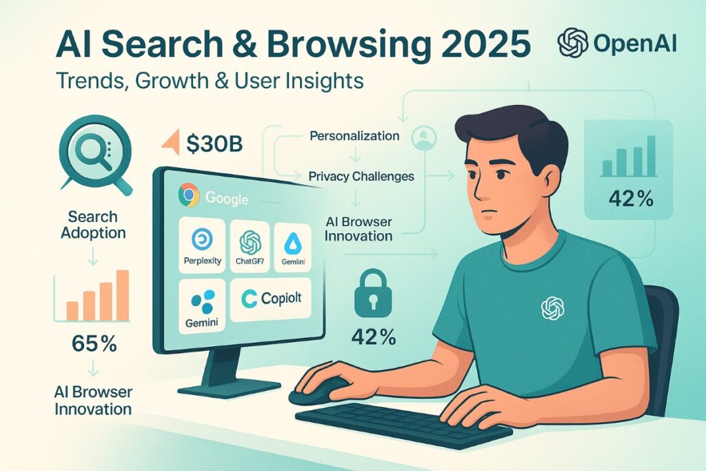 Infographic showing 2025 trends in data for AI, including AI search adoption, market growth, personalization, privacy concerns, and innovative AI browser features.