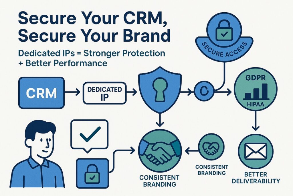 Infographic showing the benefits of using a dedicated IP address for CRM security, compliance, and email deliverability