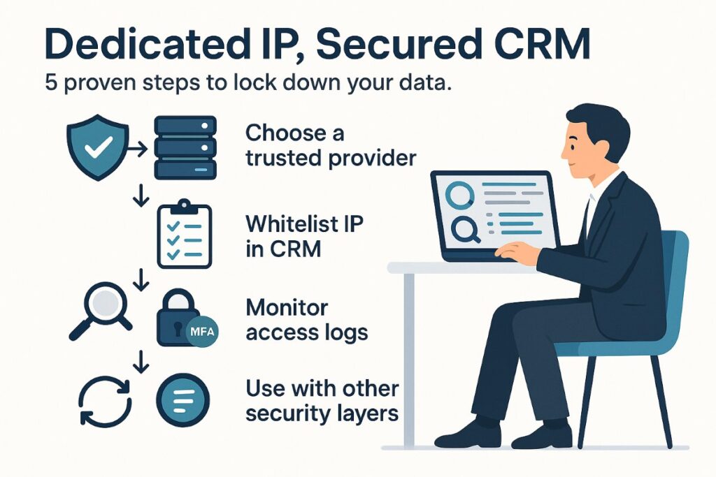 Infographic showing 5 steps to properly set up a dedicated IP address for CRM security