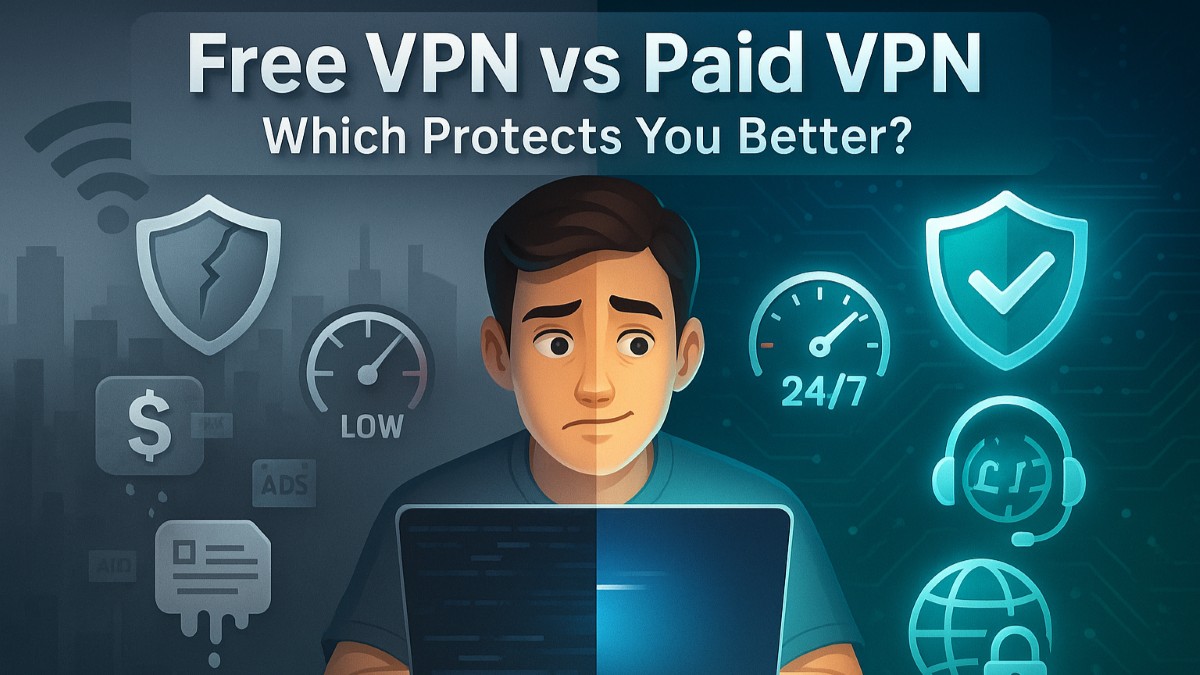 Illustration comparing Free VPN vs Paid VPN, highlighting differences in privacy, speed, and security features.
