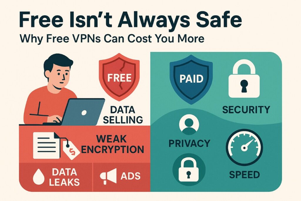 Infographic comparing free VPN vs paid VPN, highlighting data privacy risks, weak encryption, and security benefits of premium services.