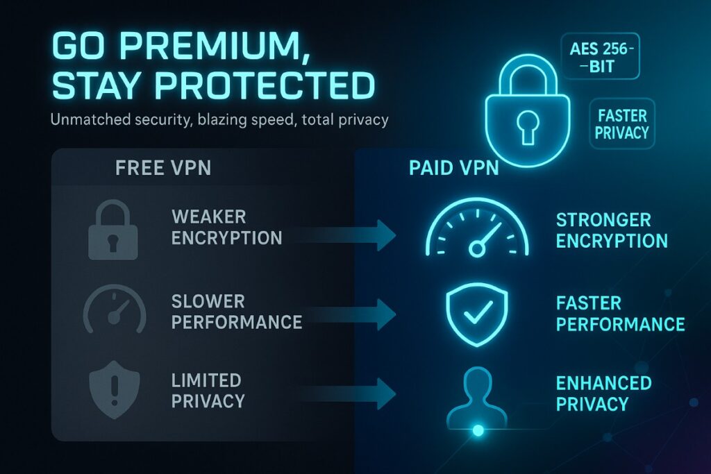 Infographic comparing free VPN vs paid VPN, showing encryption strength, privacy protection, and performance differences.