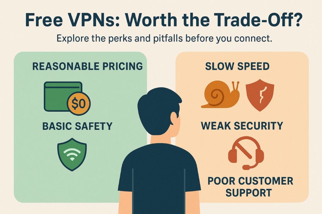 Infographic comparing free VPN vs paid VPN, showing benefits like low cost and basic safety, and drawbacks like slow speed, weaker security, and limited support.