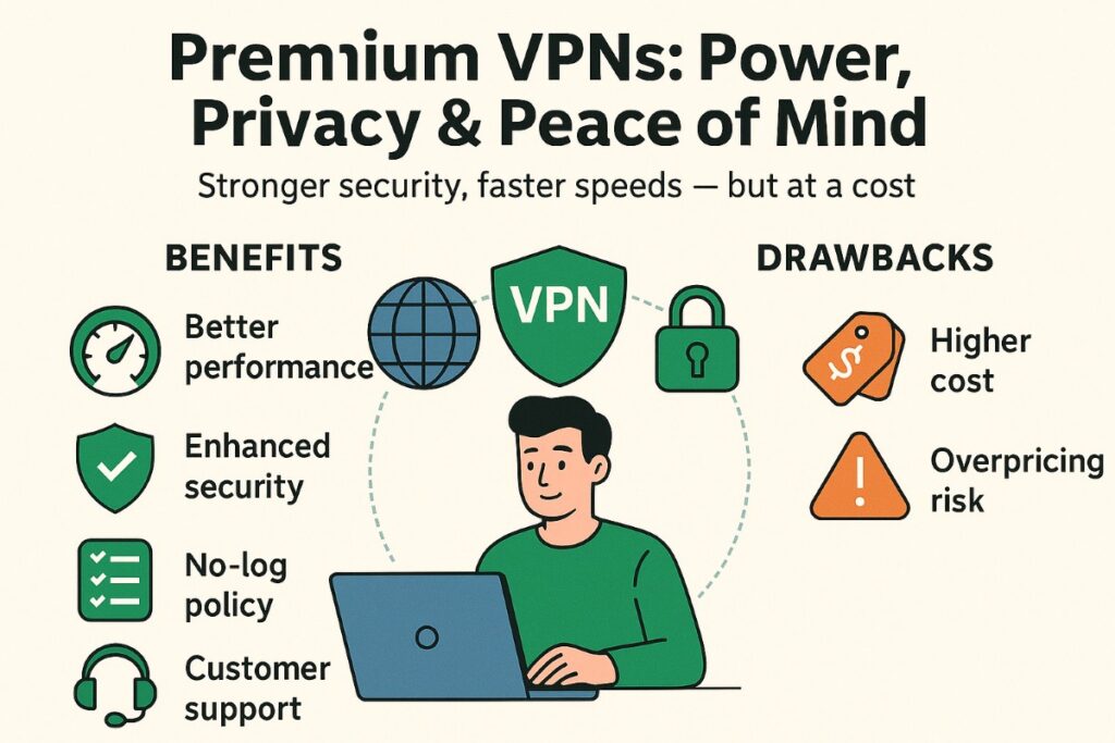 Infographic comparing free VPN vs paid VPN benefits and drawbacks with icons, workflow layout, and security visuals.