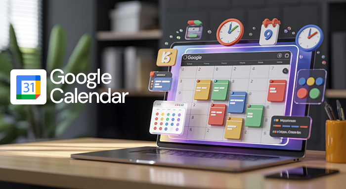 Laptop displaying Google Calendar with colorful event blocks, clocks, and task icons, representing Google Calendar’s appointment scheduling features for businesses and professionals.