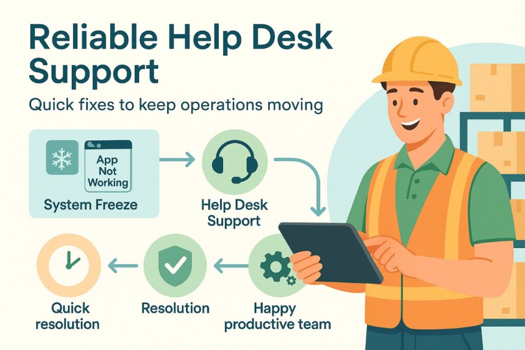 Infographic showing reliable help desk IT support for wholesale businesses with problem solving, quick fixes, and happy staff