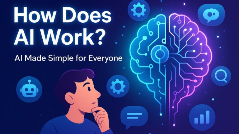 Featured image showing how does AI work with a digital brain, user, and icons representing artificial intelligence concepts.