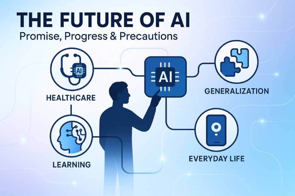 Infographic explaining how AI works with future applications in healthcare, learning, and everyday life.