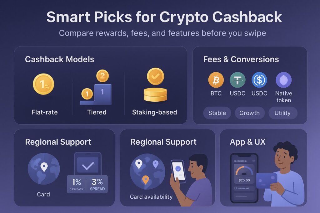 Infographic explaining how to choose a crypto card with cashback based on rewards, fees, supported regions, and app features.