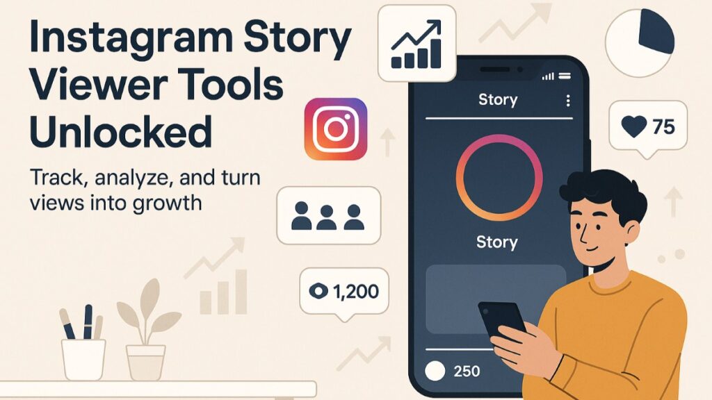 Illustration showing Instagram Story Viewer Tools with analytics charts, engagement icons, and a user reviewing story insights