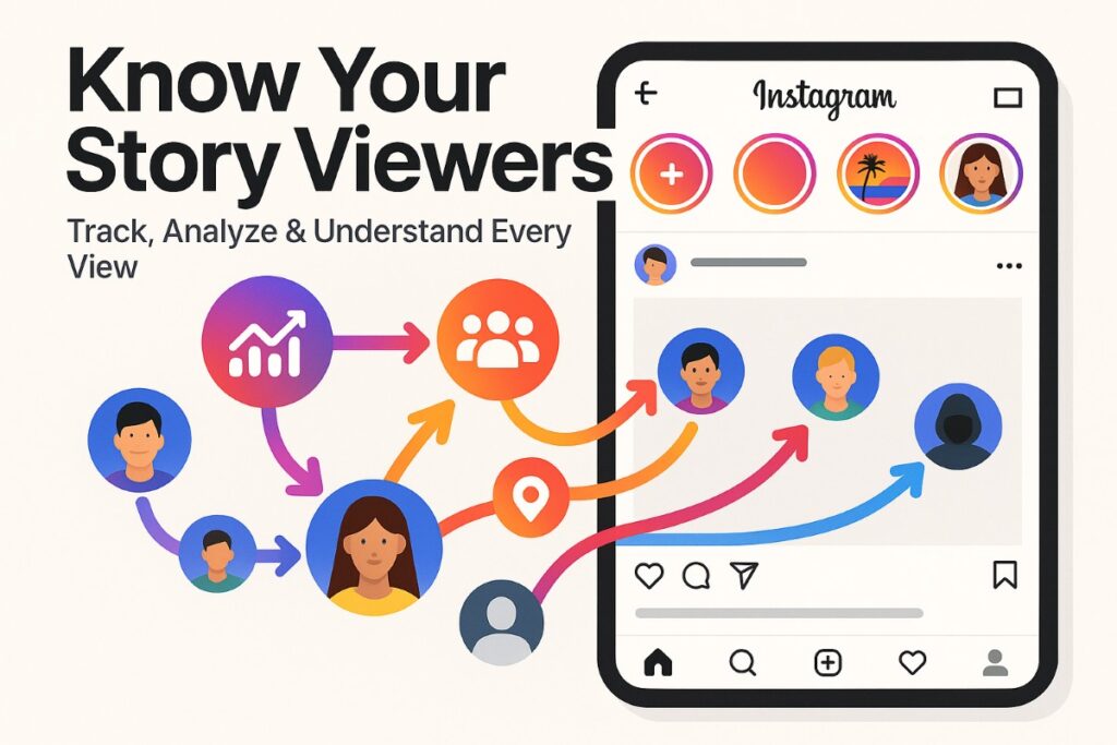 Infographic showing Instagram Story Viewer Tools with analytics, demographics, engagement, and anonymous viewing features.
