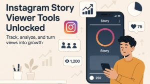 Illustration showing Instagram Story Viewer Tools with analytics charts, engagement icons, and a user reviewing story insights