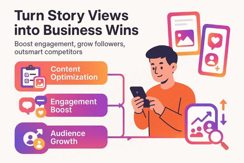 Infographic showing benefits of Instagram Story Viewer Tools including content optimization, engagement boost, audience growth, and competitor intelligence.