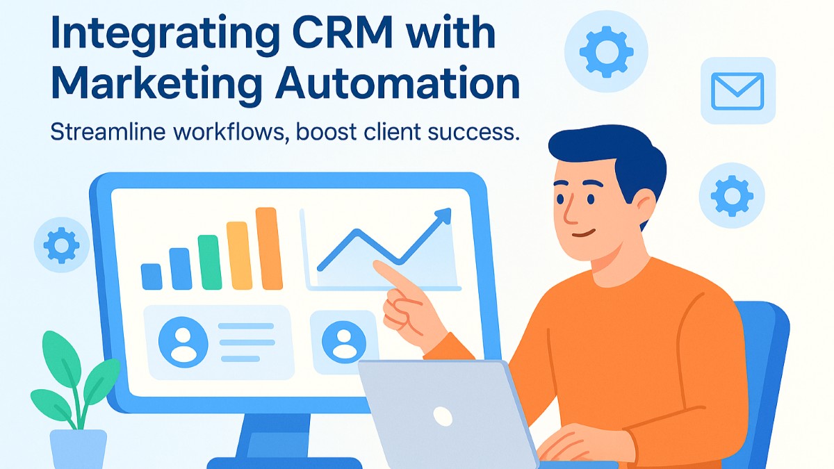 A marketing professional actively working on CRM and marketing automation tools with icons and dashboards representing integration in a modern office.