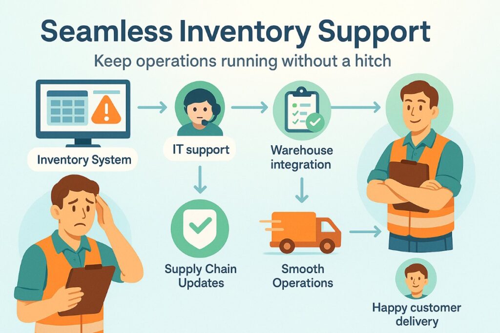 Infographic showing IT support for wholesale businesses with workflow of inventory management, supply chain software, and happy staff using technology.