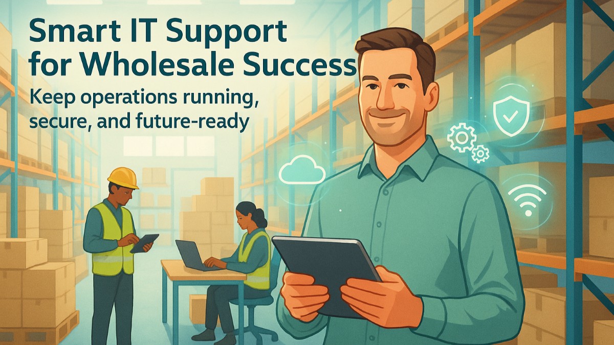 Warehouse manager using tablet with IT support icons for wholesale business efficiency and security