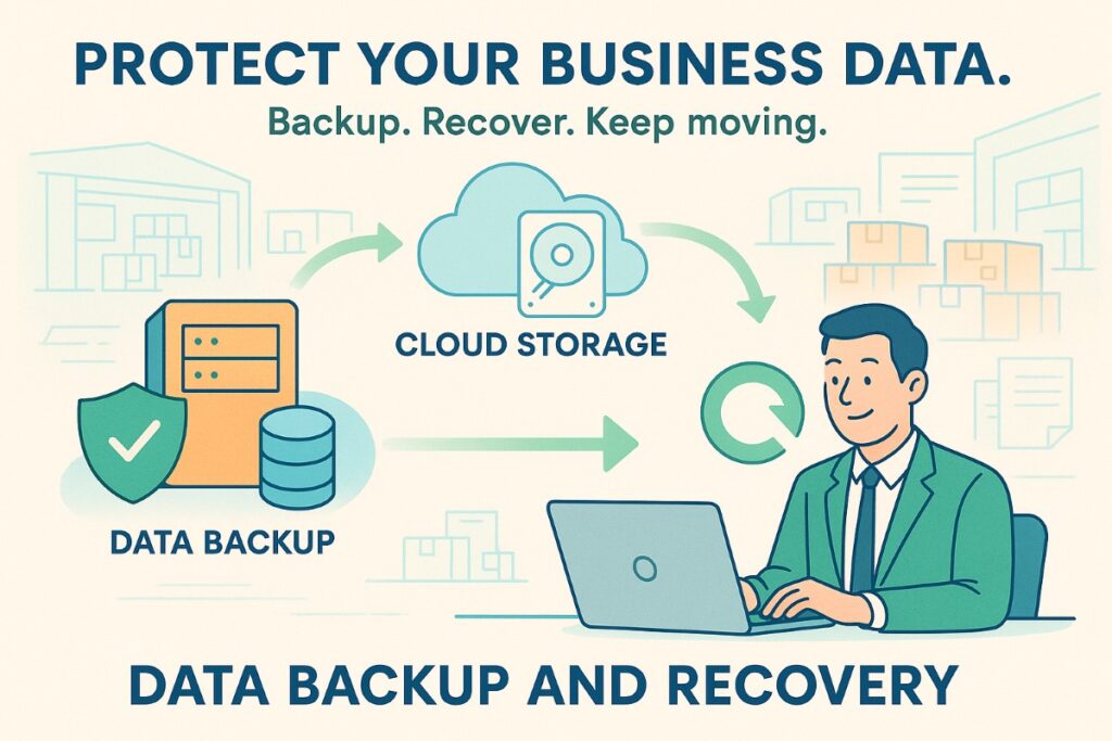 Infographic showing IT support for wholesale with data backup and recovery workflow, secure cloud storage, and quick restoration.
