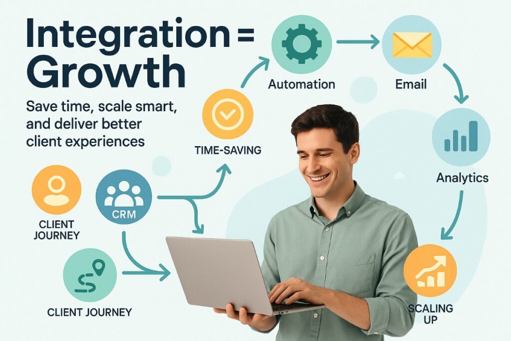 Infographic showing CRM and marketing automation integration for small agencies, highlighting workflow, client journey, and time-saving benefits.