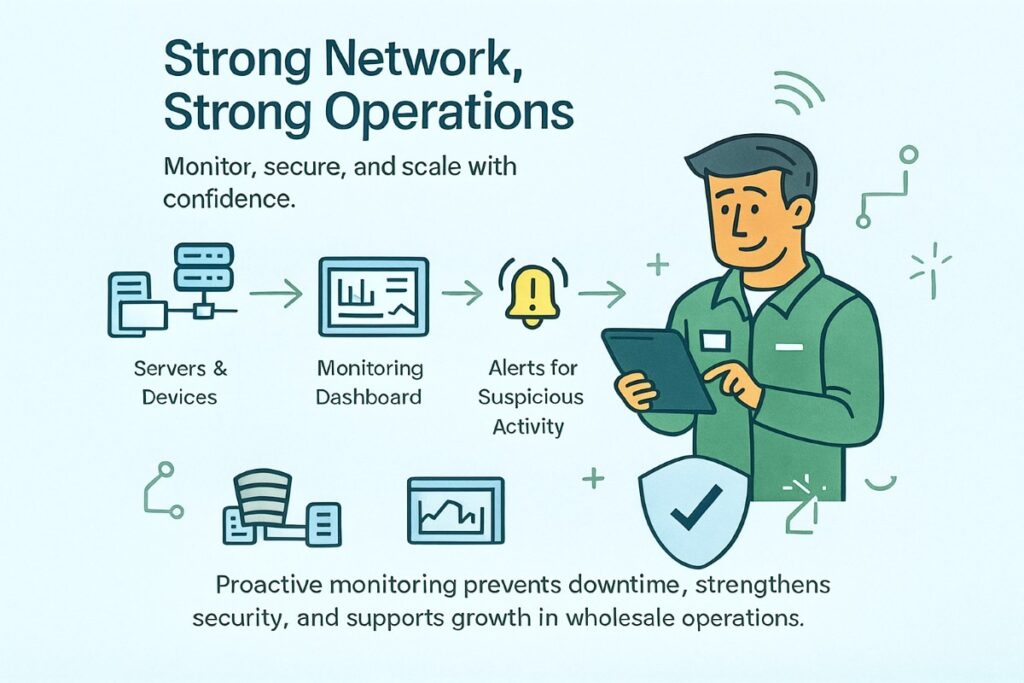 Infographic of network monitoring IT support for wholesale businesses with servers, dashboards, alerts, and secure connectivity