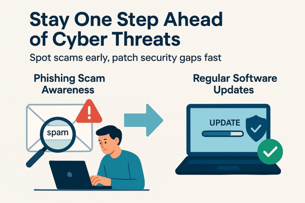 Infographic showing phishing scam awareness and regular software updates tips for online safety with icons and workflow layout