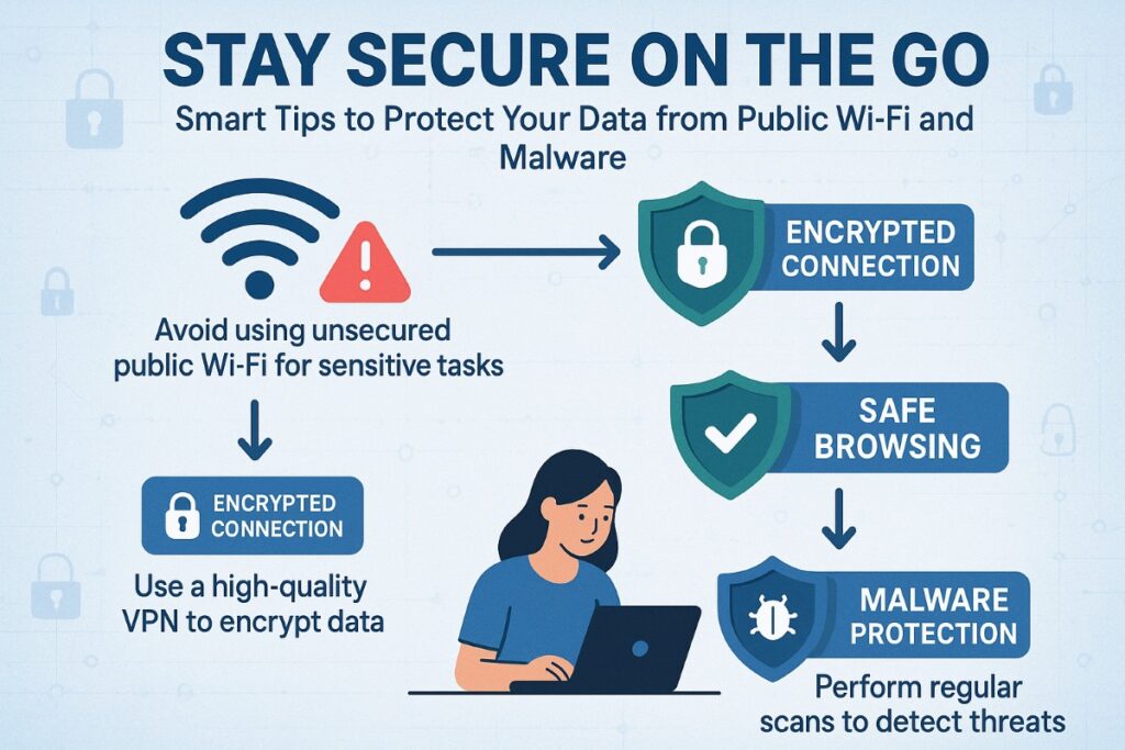 Infographic illustrating online safety tips including avoiding public Wi-Fi risks, using VPN for secure connections, and keeping antivirus software updated