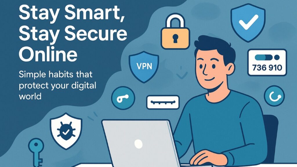 Young adult working confidently on a laptop practicing online safety with security icons like padlock, 2FA, and antivirus around
