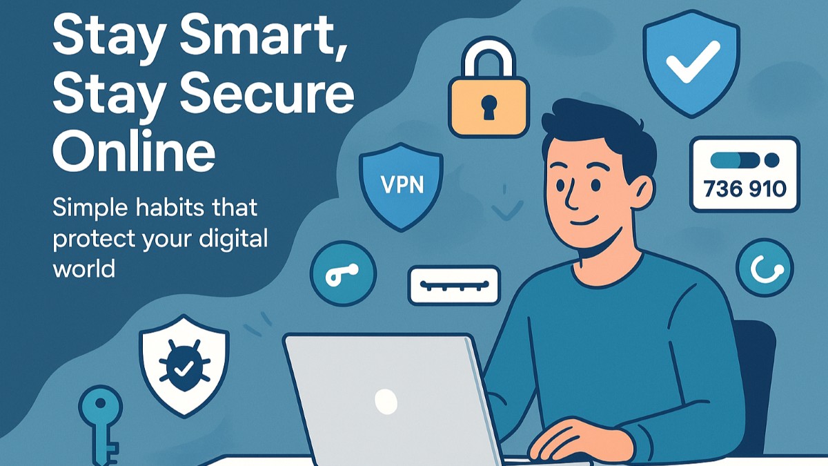 Young adult working confidently on a laptop practicing online safety with security icons like padlock, 2FA, and antivirus around