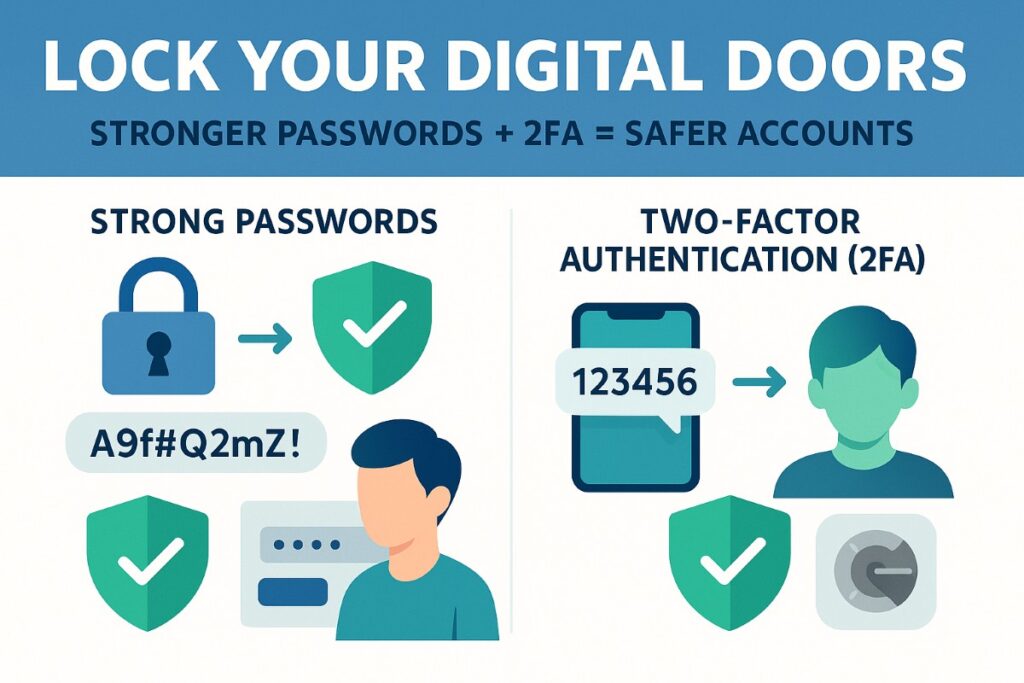 Infographic showing online safety tips with strong passwords and two-factor authentication for secure accounts