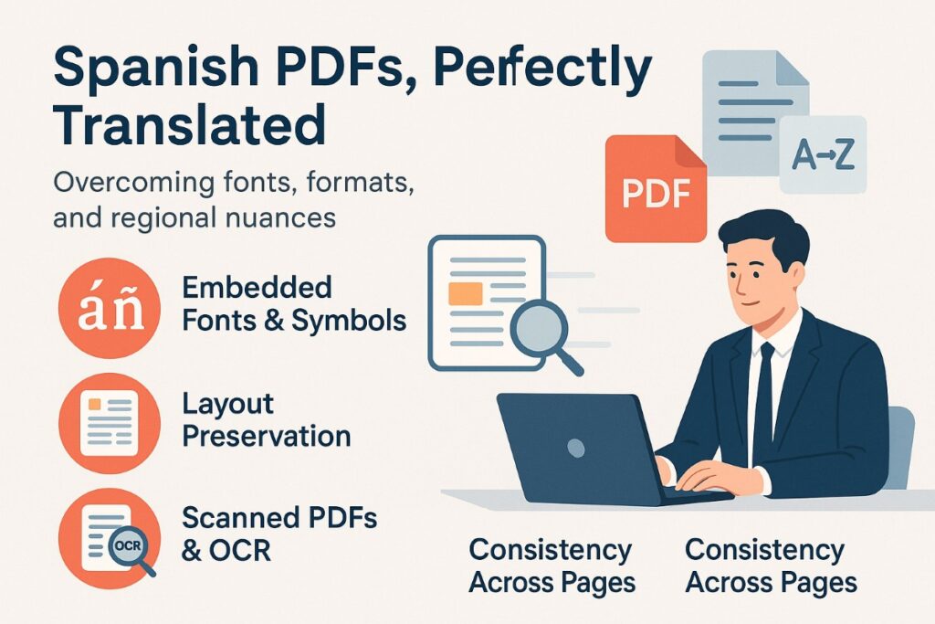 Infographic showing key challenges in translating Spanish PDFs with a PDF translator, including embedded fonts, layout preservation, OCR for scanned documents, and consistency across pages.