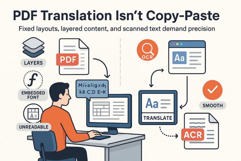 Infographic showing why using a PDF translator is more complex than translating web pages, with icons, workflow, and user illustration.