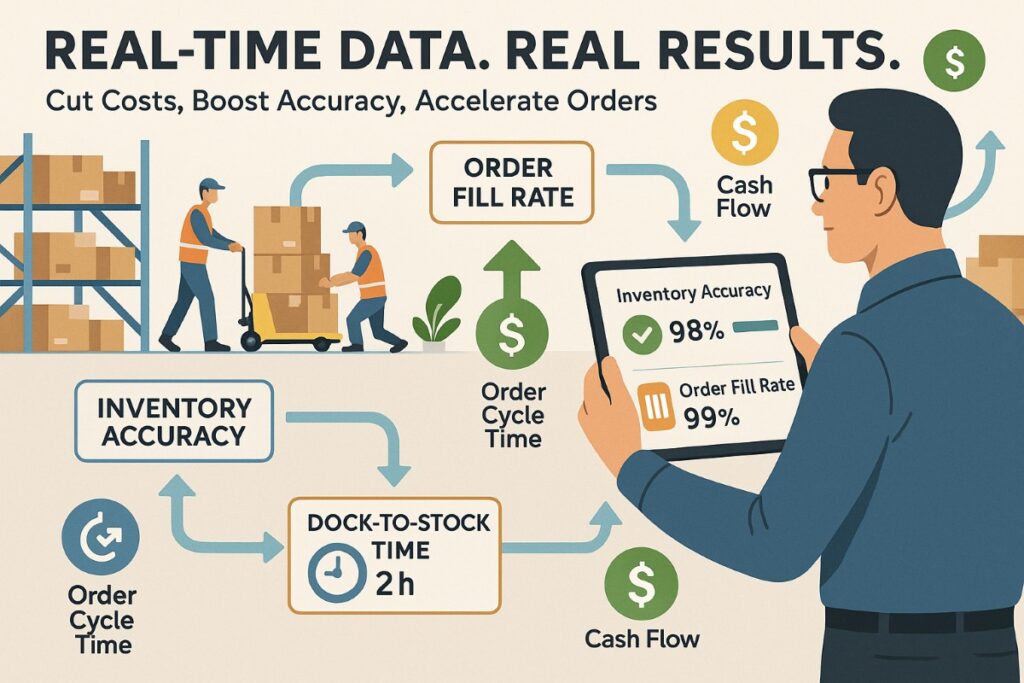Infographic showing real-time inventory tracking workflow with KPIs for accuracy, cost savings, cash flow, and order cycle time