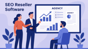 Illustration of an agency team discussing growth charts on a dashboard using SEO reseller software