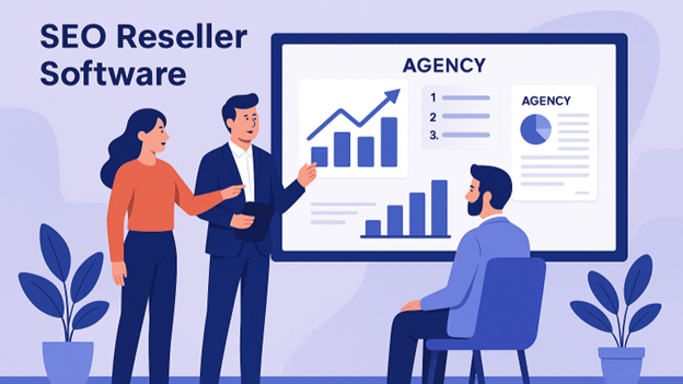 Illustration of an agency team discussing growth charts on a dashboard using SEO reseller software