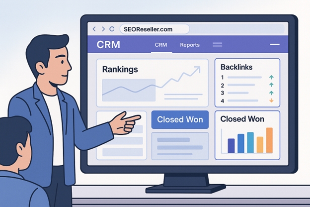 Agency professional presenting SEO reseller software CRM dashboard with keyword rankings, backlinks, and closed deals reports