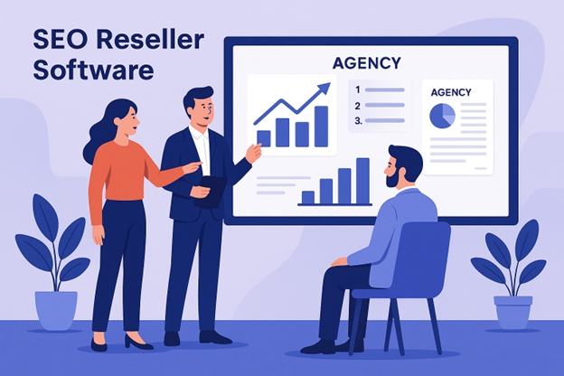 Illustration of an agency team discussing growth charts on a dashboard using SEO reseller software