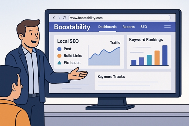 Agency professional presenting Boostability SEO reseller software dashboard with keyword rankings, local SEO, and traffic analytics